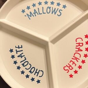 S’mores White Divided Snack Plate with Blue and Red Text